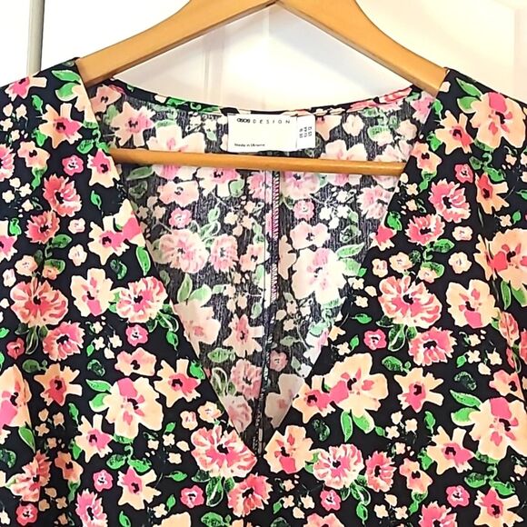 ASOS LONG BUBBLE SLEEVE MIDI DRESS IN BLACK FLORAL PRINT-MULTI Size 12 - Picture 3 of 12